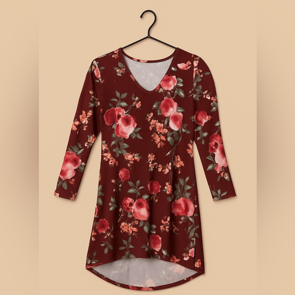 🌹 Maurices Burgundy Floral Long Sleeve Dress (L)
